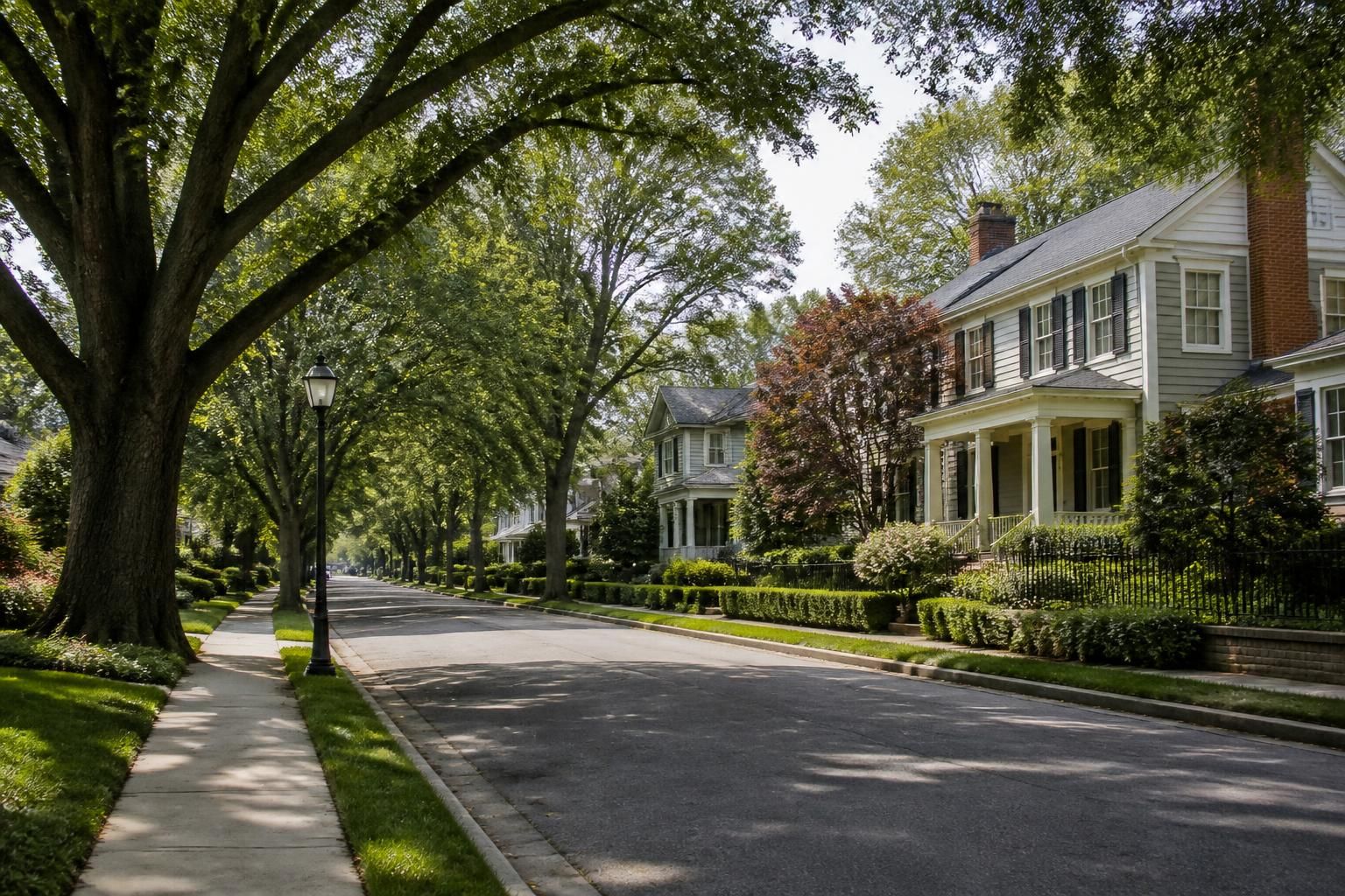 Tree-lined neighborhood street with refined homes