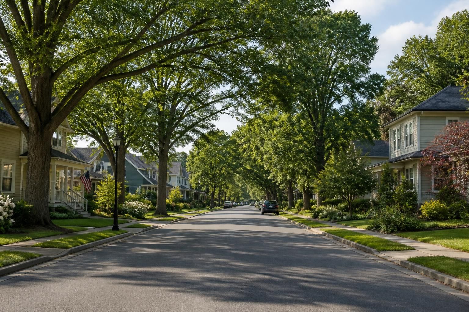 Quiet residential street with mature trees