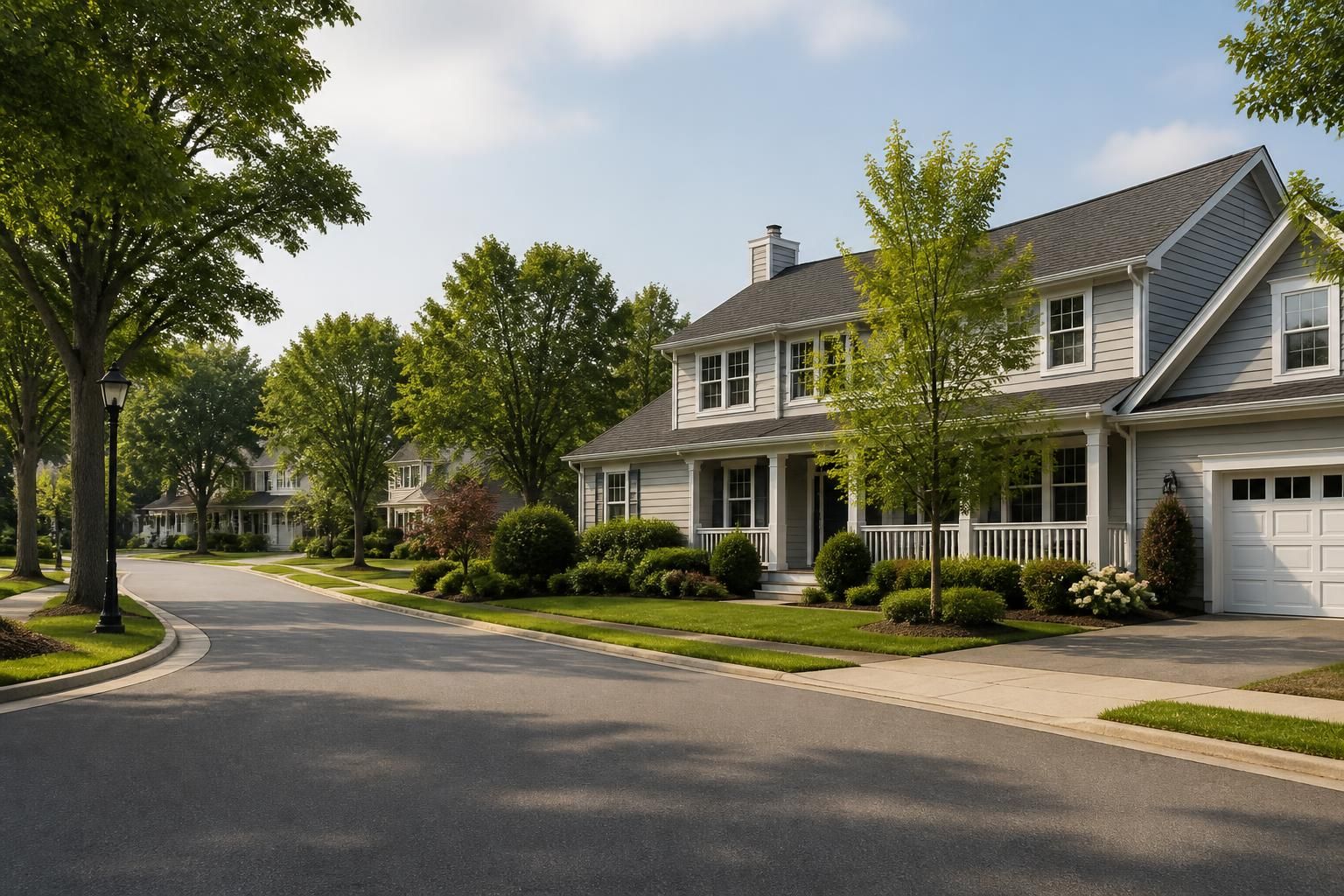 Welcoming suburban neighborhood with well-kept homes