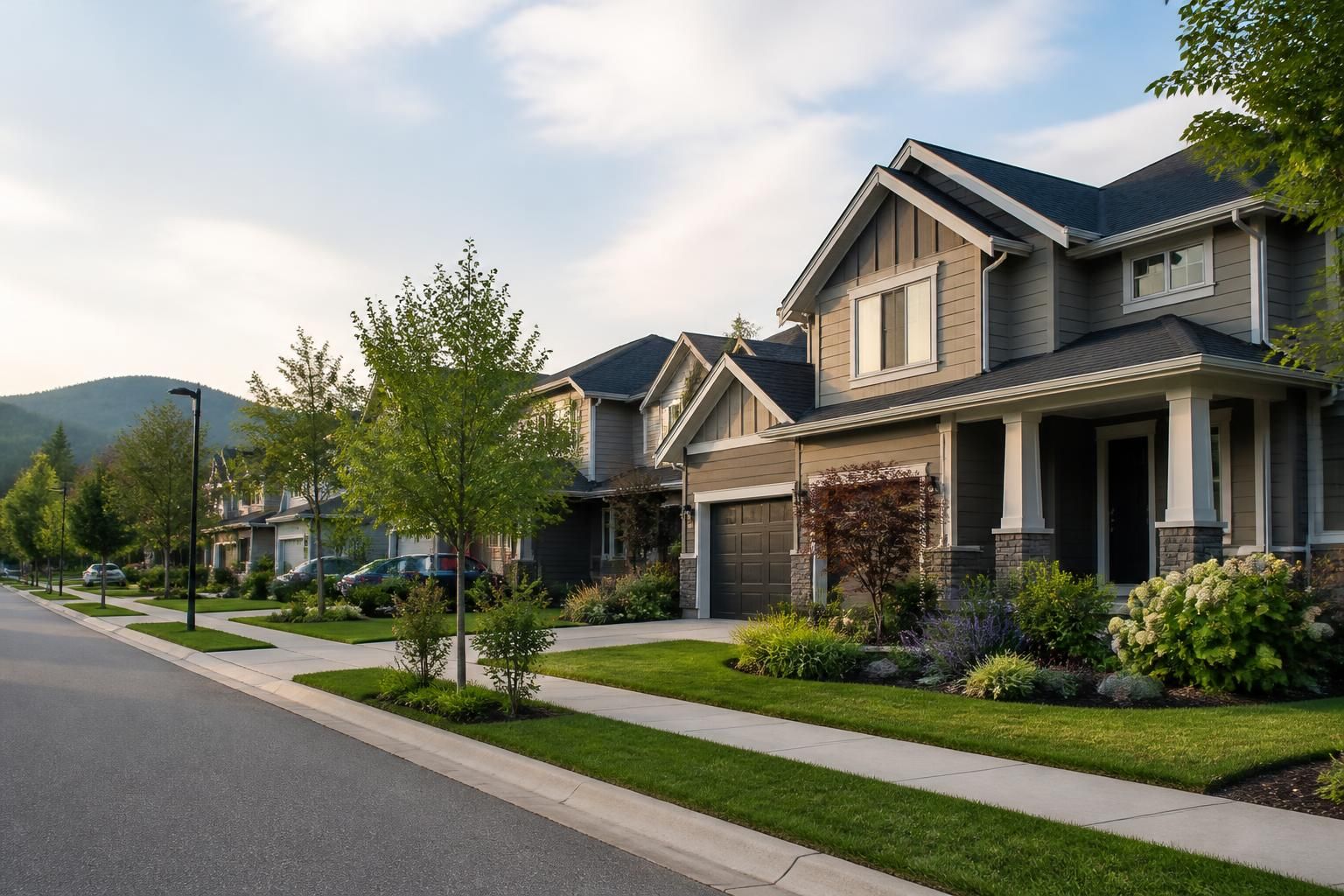 Residential neighborhood with landscaped yards and modern homes
