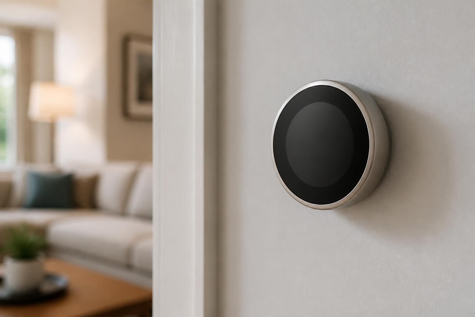 Modern thermostat installed on a finished interior wall