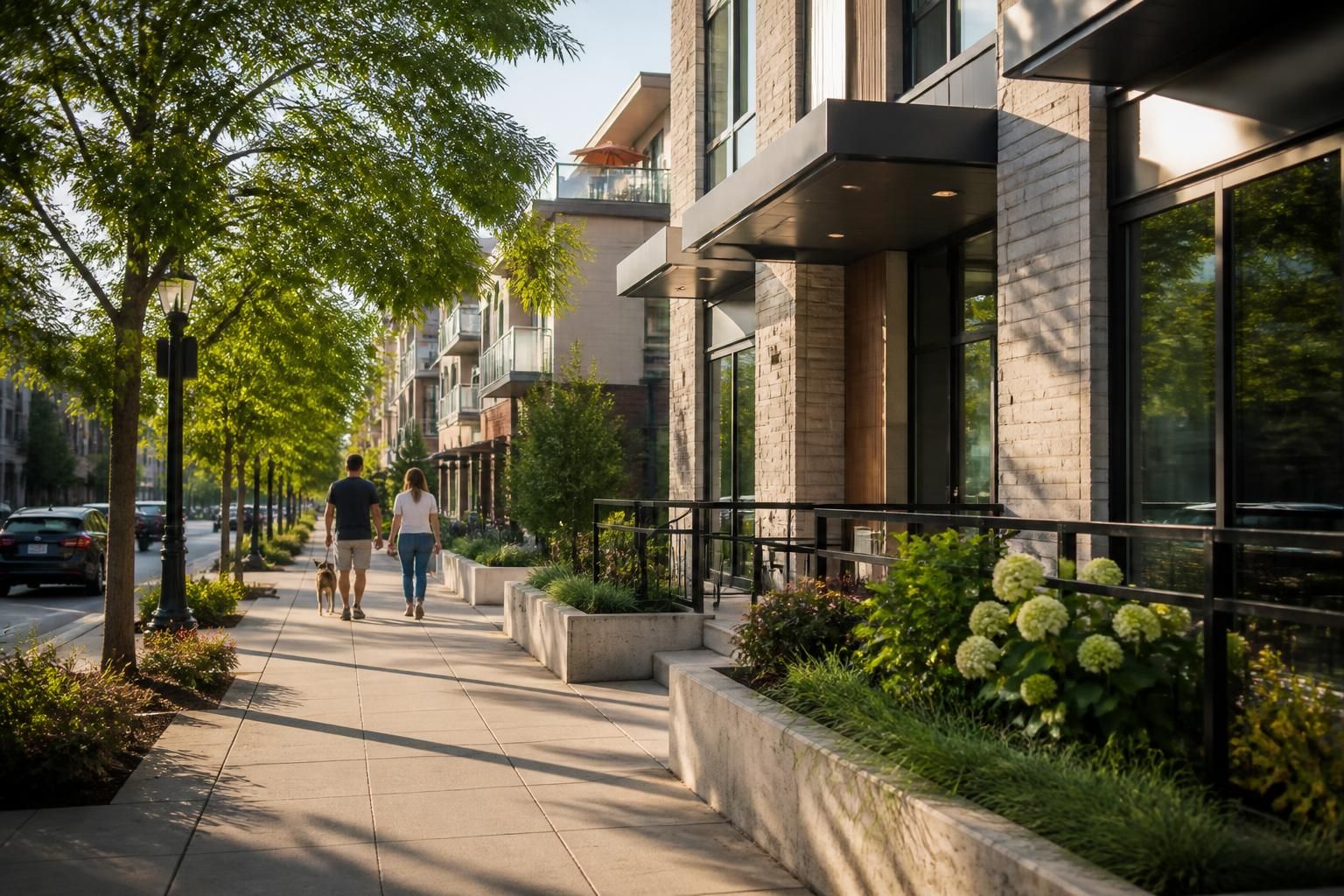 Urban-suburban streetscape with modern buildings